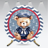 Aperturee - Aperturee Nautical Teddy Bear Round Backdrop Kit Sailor Themed with Anchor and Chevron for Boy Baby Shower or Birthday